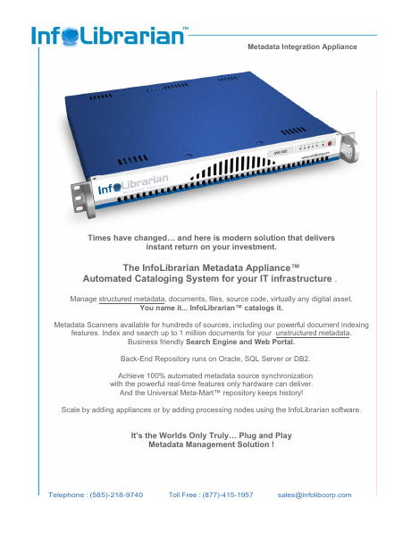 Metadata Appliance Data Sheet, page one