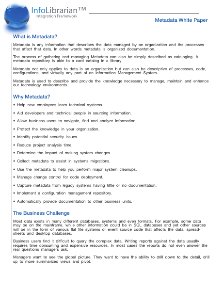 Metadata Management White Paper, page one
