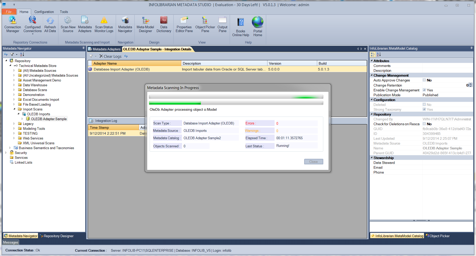 InfoLibrarian Metadata Studio scanning through the OLEDB adapter, with change management and stewardship properties